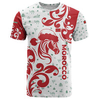 Morocco Christmas T Shirt with Red Horse Santa Hat Arabesque Pattern and Holiday Icons Design - Wonder Print Shop