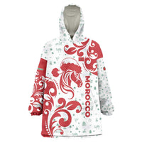 Morocco Christmas Wearable Blanket Hoodie with Red Horse Santa Hat Arabesque Pattern and Holiday Icons Design - Wonder Print Shop