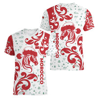 Morocco Christmas Women V-Neck T-Shirt with Red Horse Santa Hat Arabesque Pattern and Holiday Icons Design - Wonder Print Shop