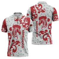 Morocco Christmas Zipper Polo Shirt with Red Horse Santa Hat Arabesque Pattern and Holiday Icons Design - Wonder Print Shop