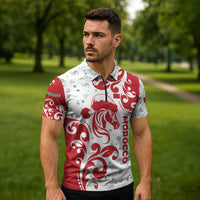 Morocco Christmas Zipper Polo Shirt with Red Horse Santa Hat Arabesque Pattern and Holiday Icons Design - Wonder Print Shop