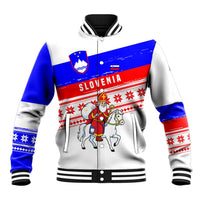 Slovenia Christmas Baseball Jacket with Saint Nicholas White Horse Snowflake Pattern and National Flag Design - Wonder Print Shop