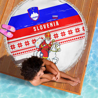 Slovenia Christmas Beach Blanket with Saint Nicholas White Horse Snowflake Pattern and National Flag Design - Wonder Print Shop