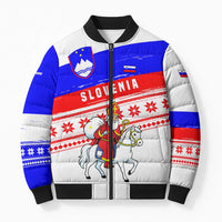 Slovenia Christmas Bomber Puffer Jacket with Saint Nicholas White Horse Snowflake Pattern and National Flag Design - Wonder Print Shop