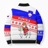 Slovenia Christmas Bomber Puffer Jacket with Saint Nicholas White Horse Snowflake Pattern and National Flag Design - Wonder Print Shop