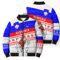 Slovenia Christmas Bomber Puffer Jacket with Saint Nicholas White Horse Snowflake Pattern and National Flag Design - Wonder Print Shop