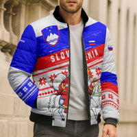 Slovenia Christmas Bomber Puffer Jacket with Saint Nicholas White Horse Snowflake Pattern and National Flag Design - Wonder Print Shop