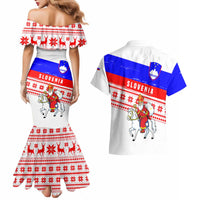 Slovenia Christmas Couples Matching Mermaid Dress and Hawaiian Shirt with Saint Nicholas White Horse Snowflake Pattern and National Flag Design - Wonder Print Shop