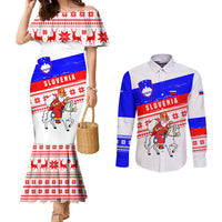 Slovenia Christmas Couples Matching Mermaid Dress and Long Sleeve Button Shirt with Saint Nicholas White Horse Snowflake Pattern and National Flag Design - Wonder Print Shop