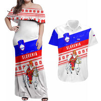 Slovenia Christmas Couples Matching Off Shoulder Maxi Dress and Hawaiian Shirt with Saint Nicholas White Horse Snowflake Pattern and National Flag Design - Wonder Print Shop