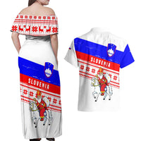 Slovenia Christmas Couples Matching Off Shoulder Maxi Dress and Hawaiian Shirt with Saint Nicholas White Horse Snowflake Pattern and National Flag Design - Wonder Print Shop