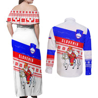 Slovenia Christmas Couples Matching Off Shoulder Maxi Dress and Long Sleeve Button Shirt with Saint Nicholas White Horse Snowflake Pattern and National Flag Design - Wonder Print Shop