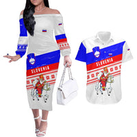 Slovenia Christmas Couples Matching Off The Shoulder Long Sleeve Dress and Hawaiian Shirt with Saint Nicholas White Horse Snowflake Pattern and National Flag Design - Wonder Print Shop