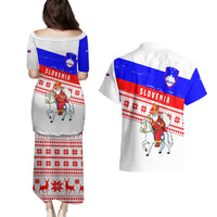 Slovenia Christmas Couples Matching Puletasi and Hawaiian Shirt with Saint Nicholas White Horse Snowflake Pattern and National Flag Design - Wonder Print Shop