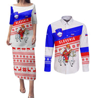 Slovenia Christmas Couples Matching Puletasi and Long Sleeve Button Shirt with Saint Nicholas White Horse Snowflake Pattern and National Flag Design - Wonder Print Shop