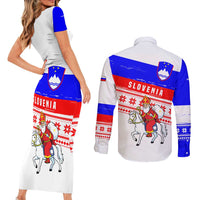 Slovenia Christmas Couples Matching Short Sleeve Bodycon Dress and Long Sleeve Button Shirt with Saint Nicholas White Horse Snowflake Pattern and National Flag Design - Wonder Print Shop