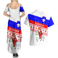 Slovenia Christmas Couples Matching Summer Maxi Dress and Hawaiian Shirt with Saint Nicholas White Horse Snowflake Pattern and National Flag Design - Wonder Print Shop