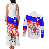 Slovenia Christmas Couples Matching Tank Maxi Dress and Long Sleeve Button Shirt with Saint Nicholas White Horse Snowflake Pattern and National Flag Design - Wonder Print Shop