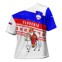 Slovenia Christmas Cross Shoulder Shirt with Saint Nicholas White Horse Snowflake Pattern and National Flag Design - Wonder Print Shop