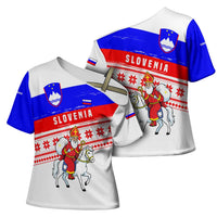 Slovenia Christmas Cross Shoulder Shirt with Saint Nicholas White Horse Snowflake Pattern and National Flag Design - Wonder Print Shop
