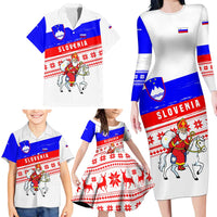 Slovenia Christmas Family Matching Long Sleeve Bodycon Dress and Hawaiian Shirt with Saint Nicholas White Horse Snowflake Pattern and National Flag Design - Wonder Print Shop