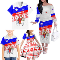 Slovenia Christmas Family Matching Off The Shoulder Long Sleeve Dress and Hawaiian Shirt with Saint Nicholas White Horse Snowflake Pattern and National Flag Design - Wonder Print Shop