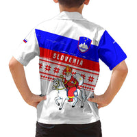 Slovenia Christmas Family Matching Off Shoulder Maxi Dress and Hawaiian Shirt with Saint Nicholas White Horse Snowflake Pattern and National Flag Design - Wonder Print Shop