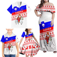 Slovenia Christmas Family Matching Off Shoulder Maxi Dress and Hawaiian Shirt with Saint Nicholas White Horse Snowflake Pattern and National Flag Design - Wonder Print Shop
