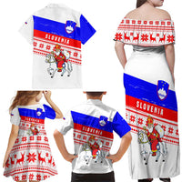 Slovenia Christmas Family Matching Off Shoulder Maxi Dress and Hawaiian Shirt with Saint Nicholas White Horse Snowflake Pattern and National Flag Design - Wonder Print Shop
