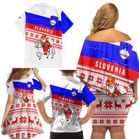 Slovenia Christmas Family Matching Off Shoulder Short Dress and Hawaiian Shirt with Saint Nicholas White Horse Snowflake Pattern and National Flag Design - Wonder Print Shop