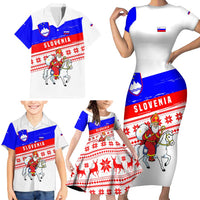 Slovenia Christmas Family Matching Short Sleeve Bodycon Dress and Hawaiian Shirt with Saint Nicholas White Horse Snowflake Pattern and National Flag Design - Wonder Print Shop