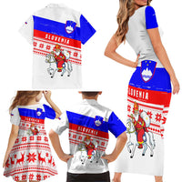 Slovenia Christmas Family Matching Short Sleeve Bodycon Dress and Hawaiian Shirt with Saint Nicholas White Horse Snowflake Pattern and National Flag Design - Wonder Print Shop