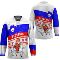 Slovenia Christmas Hockey Jersey with Saint Nicholas White Horse Snowflake Pattern and National Flag Design - Wonder Print Shop