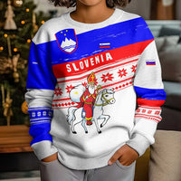 Slovenia Christmas Kid Ugly Christmas Sweater with Saint Nicholas White Horse Snowflake Pattern and National Flag Design - Wonder Print Shop