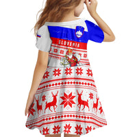 Slovenia Christmas Kid Short Sleeve Dress with Saint Nicholas White Horse Snowflake Pattern and National Flag Design - Wonder Print Shop