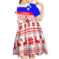 Slovenia Christmas Kid Short Sleeve Dress with Saint Nicholas White Horse Snowflake Pattern and National Flag Design - Wonder Print Shop