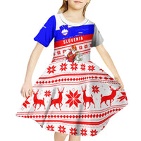 Slovenia Christmas Kid Short Sleeve Dress with Saint Nicholas White Horse Snowflake Pattern and National Flag Design - Wonder Print Shop