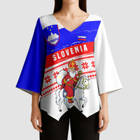 Slovenia Christmas Kimono Sleeve Blouse with Saint Nicholas White Horse Snowflake Pattern and National Flag Design - Wonder Print Shop