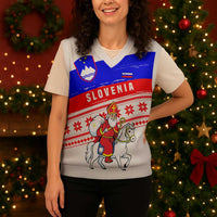 Slovenia Christmas Knitted V-Neck Vest with Saint Nicholas White Horse Snowflake Pattern and National Flag Design - Wonder Print Shop