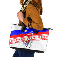 Slovenia Christmas Leather Tote Bag with Saint Nicholas White Horse Snowflake Pattern and National Flag Design - Wonder Print Shop