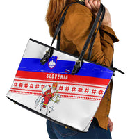 Slovenia Christmas Leather Tote Bag with Saint Nicholas White Horse Snowflake Pattern and National Flag Design - Wonder Print Shop