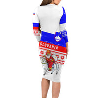 Slovenia Christmas Long Sleeve Bodycon Dress with Saint Nicholas White Horse Snowflake Pattern and National Flag Design - Wonder Print Shop