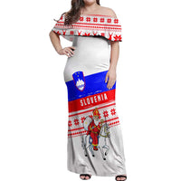 Slovenia Christmas Off Shoulder Maxi Dress with Saint Nicholas White Horse Snowflake Pattern and National Flag Design - Wonder Print Shop