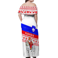 Slovenia Christmas Off Shoulder Maxi Dress with Saint Nicholas White Horse Snowflake Pattern and National Flag Design - Wonder Print Shop