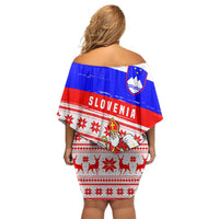 Slovenia Christmas Off Shoulder Short Dress with Saint Nicholas White Horse Snowflake Pattern and National Flag Design - Wonder Print Shop