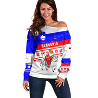 Slovenia Christmas Off Shoulder Sweater with Saint Nicholas White Horse Snowflake Pattern and National Flag Design - Wonder Print Shop