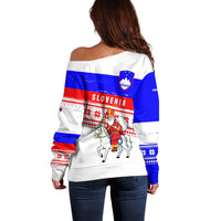 Slovenia Christmas Off Shoulder Sweater with Saint Nicholas White Horse Snowflake Pattern and National Flag Design - Wonder Print Shop