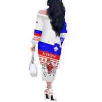 Slovenia Christmas Off The Shoulder Long Sleeve Dress with Saint Nicholas White Horse Snowflake Pattern and National Flag Design - Wonder Print Shop