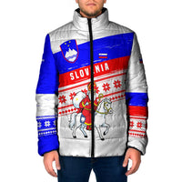 Slovenia Christmas Padded Jacket with Saint Nicholas White Horse Snowflake Pattern and National Flag Design - Wonder Print Shop