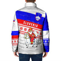 Slovenia Christmas Padded Jacket with Saint Nicholas White Horse Snowflake Pattern and National Flag Design - Wonder Print Shop